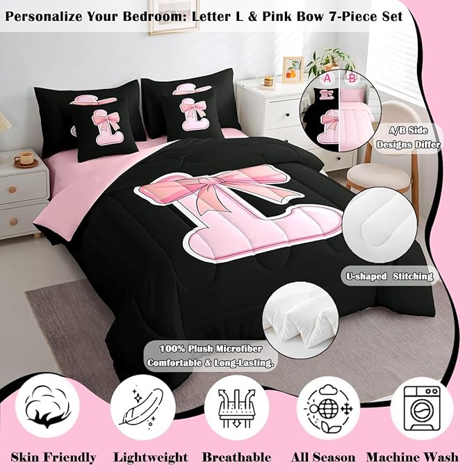 jejeloiu Kawaii Pink Bow Full Comforter Set with Sheets,Gifts for Women Teen Girl,Personalized Initial Letter L 7 Piece Bedding Set,Soft Monogrammed Bed in a Bag with Comforter,Sheets,Pillowcases