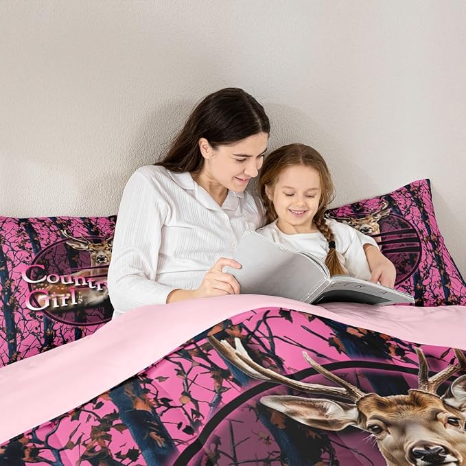 Erosebridal Deer Hunting Camo Queen Bedding Set,Pink Camouflage Comforter Set for Girls Boys Kids,Rustic Lodge Cabin Comforter,Country Hunter Bedroom Decor with 2 Pillowcases,Breathable