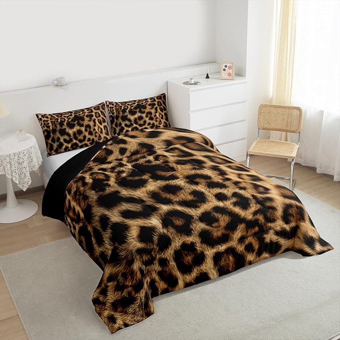 Erosebridal African Cheetah Texture Full Size Comforter Sets for Kids Boys Girls,Animal Skin Print Bedding Set,Farmhouse Rustic Duvet Insert,Brown Leopard Quilt Bedroom Decor