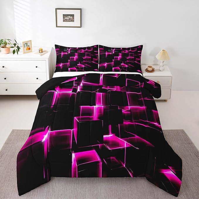 Erosebridal Honeycomb Square Comforter Set for Kids Girls 3D Geometric Square Bedding Queen, Pink Black Neon Lights Bedding Sets, Gradient Print Duvet Insert with 2 Pillow Cases