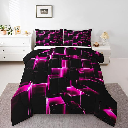 Erosebridal Honeycomb Square Comforter Set for Kids Girls 3D Geometric Square Bedding Full, Pink Black Neon Lights Bedding Sets, Gradient Print Duvet Insert with 2 Pillow Cases