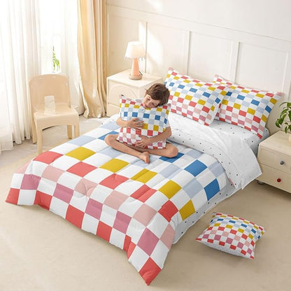 Multicolored Checkered Retro Comforter Set With Sheets 7 Piece Queen Size Geometric Cute Bed in a Bag Kids Boys Girls Colorful Bedding Set Modern Groovy Aesthetic Bedroom Decor Breathable Soft