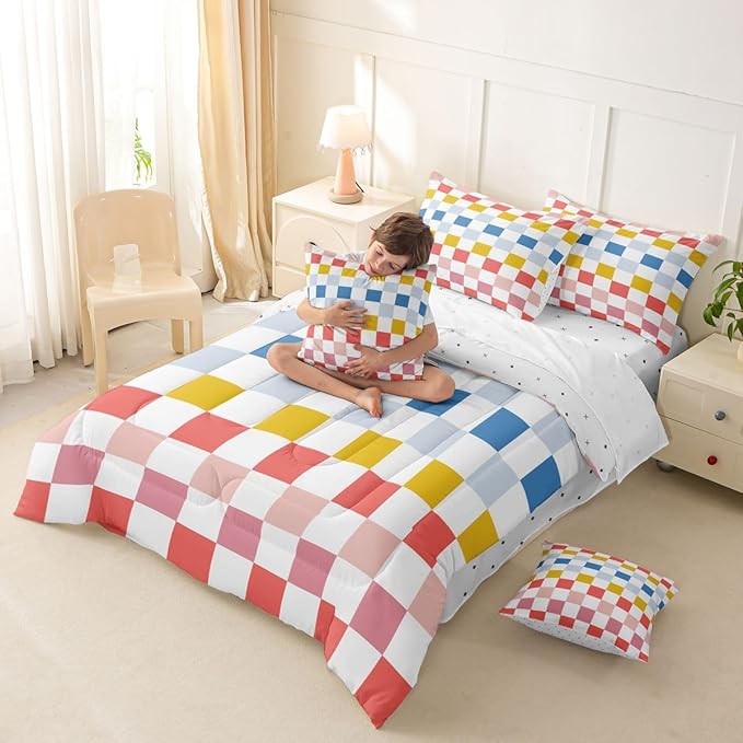 Feelyou Multicolored Checkered Retro Comforter Set with Sheets 7 Piece Full Size Geometric Cute Bed in a Bag Kids Boys Girls Colorful Bedding Set Modern Groovy Aesthetic Bedroom Decor Breathable Soft