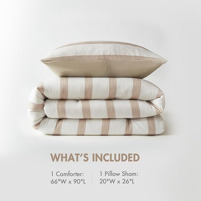 Madison Park Essentials Striped Comforter Set Twin Size, Yarn-Dyed Reversible Comforter with Minimalist Stripes, Crinkled Texture Bedding Set for All-Season Lightweight Warmth, Merritt Taupe
