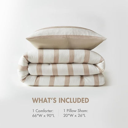 Madison Park Essentials Striped Comforter Set Twin Size, Yarn-Dyed Reversible Comforter with Minimalist Stripes, Crinkled Texture Bedding Set for All-Season Lightweight Warmth, Merritt Taupe