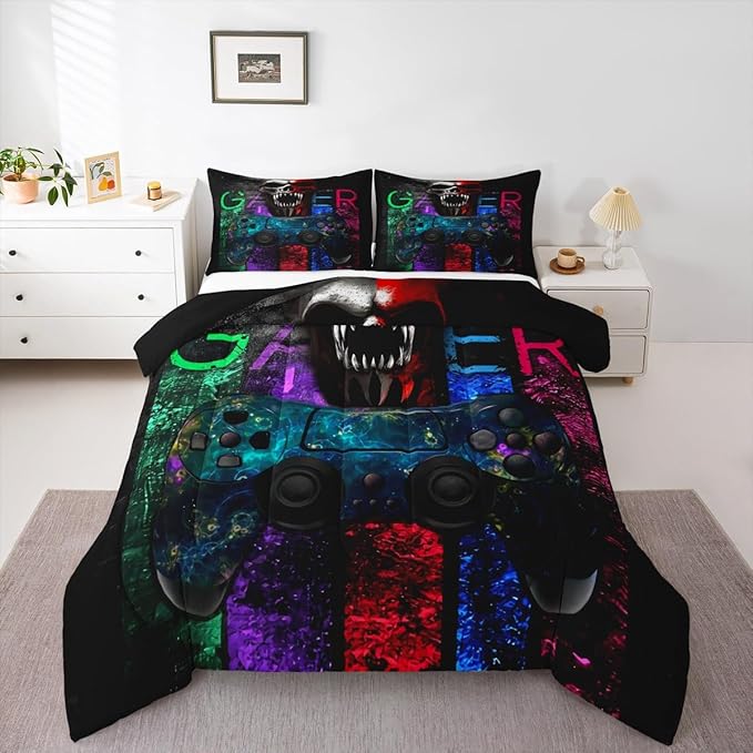 Gamer Bedding Sets for Boys, Gaming Down Comforter Queen Size, Gamer Room Decor Bedding Kids Video Games Comforter Set, Sugar Skull Gamepad Duvet Sets for Men Bedroom,with 2 Marble Pillow Sham