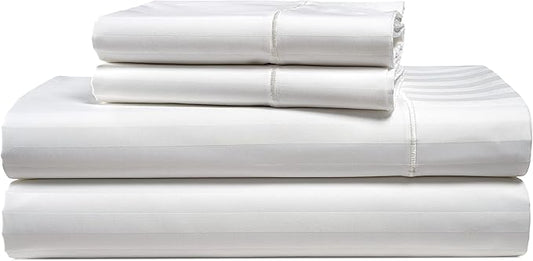 Lane Linen White Queen Sheet Set - 100% Cotton Striped Sheets for Queen Size Bed, Satin Soft Luxury Striped Sheets Queen Size, Deep Pocket Fitted Sheets - 4 PC Bedding Sheets & Pillowcases Set - White
