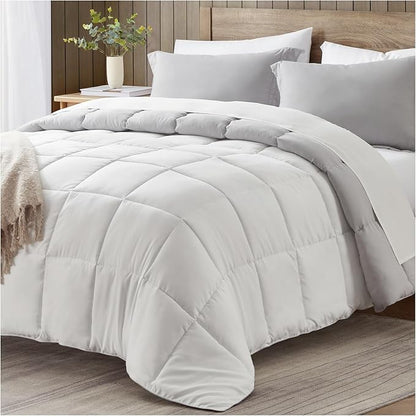 satisomnia Queen Comforter Set, White Grey Bedding Comforters Queen Size, 3 Pieces Down Alternative Bed Comforter Lightweight, Soft Quilted Bed Set Breathable, Reversible All Season Bedding Sets