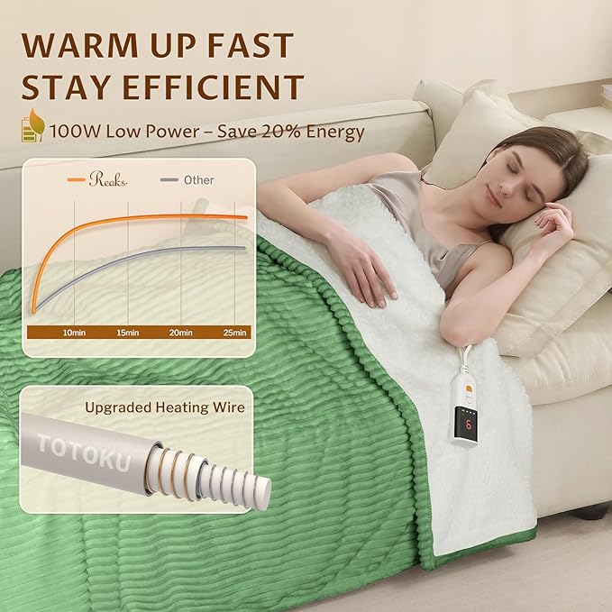 Reaks Electric Heated Blanket Twin, Silky Soft Flannel & Sherpa Twin Electric Blanket with 9 Heat Levels & 2-10 Hours Auto Off, Warm Gifts for Women Mom Grandma, ETL Certified (62x84 inches, Green)