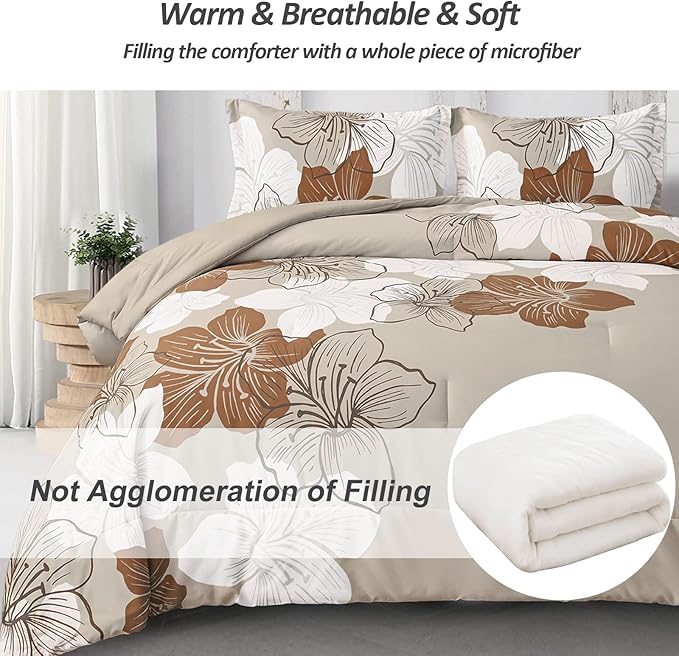 Menghomeus Brown Comforter Set Full Taupe Floral Comforter Botanical Bedding Sets, Soft Bed Comforter Set for All Season (1 Comforter, 2 Pillowcases)