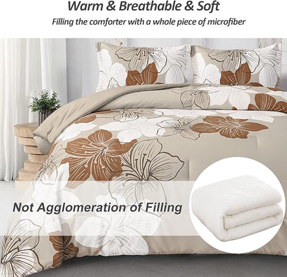 Menghomeus Brown Comforter Set Full Taupe Floral Comforter Botanical Bedding Sets, Soft Bed Comforter Set for All Season (1 Comforter, 2 Pillowcases)