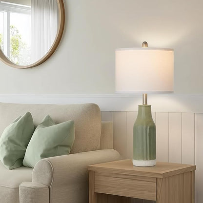 24.5" Ceramic Table Lamps Set of 2 for Bedroom, Sage Green Table Lamps for Living Room End Table, Small Farmhouse Bedside Lamps for Nightstands (2 LED Bulbs Included)