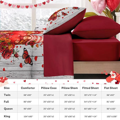 Nesker 7 Pcs Valentine's Day Comforter Set Queen Size, Romantic Gnomes Heart Bedding Set for Kids and Adults, Sweet Rose Love Sheets Bed Sheet Sets with Fitted Sheet 2 Pillowcases & 2 Shams