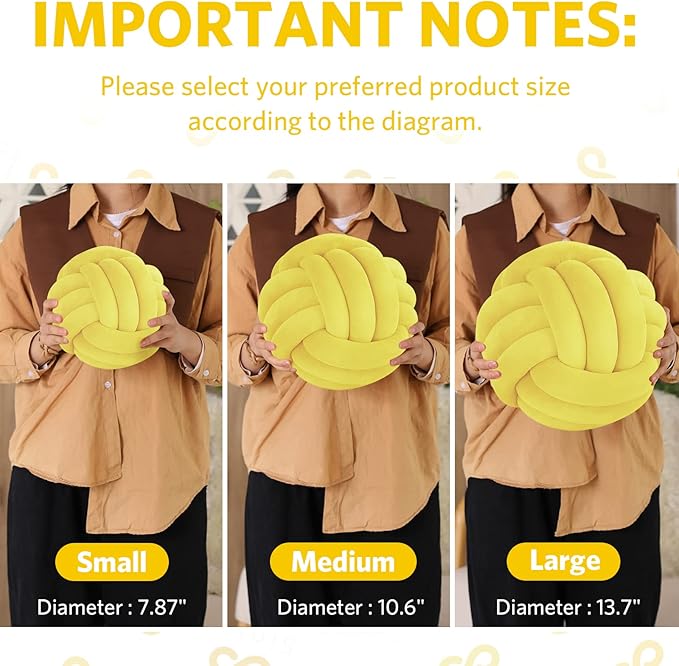 Sioloc Soft Knot Ball Pillows,Round Throw Pillow Cushion Home Decoration Plush Pillow,Throw Knotted Pillow Handmade Round Plush Pillow（13.7inches,Yellow）