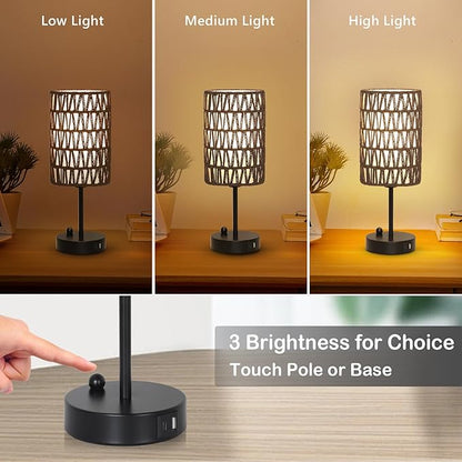 Gray Bedside Lamps Set of 2, Touch Control Night Stand Lamp for Bedroom with Rattan & Linen Shade & Bulbs, 3 Way Dimmable Small Boho Table Lamps with USB Charging Port & Phone Stand