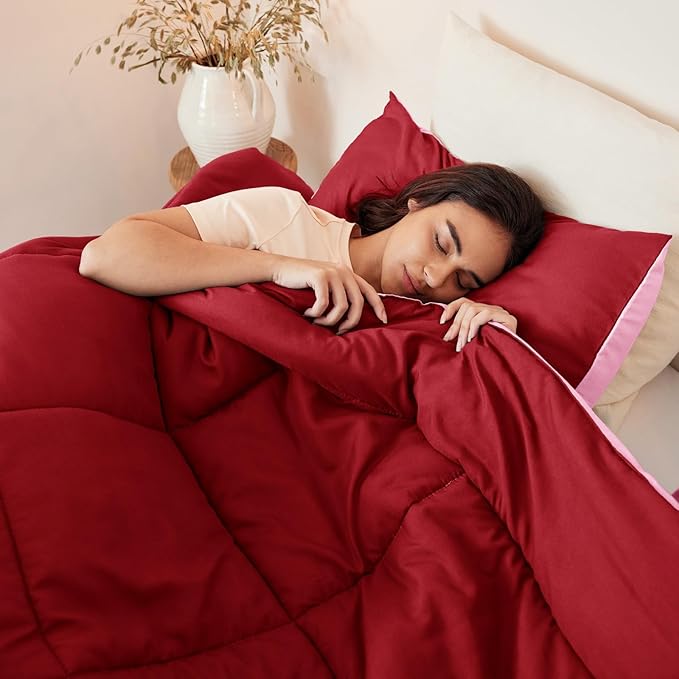 Exclusivo Mezcla Lightweight Reversible Queen Size Comforter Set, Down Alternative Comforter with 2 Pillow Sham, Queen Size Bedding Set for All Seasons, Red/Pink