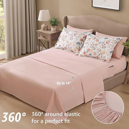 CASAAGUSTO King Comforter Set, 7 PCS Clay Pink Floral Comforter Set with Flowers Leaves Pattern, Soft Seersucker Design All Season King Size Bedding Set(102"X90")