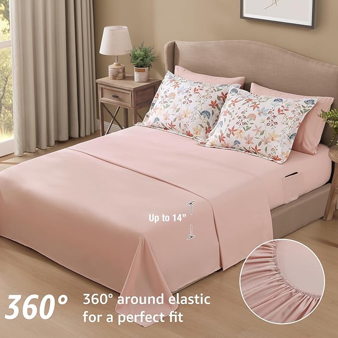 CASAAGUSTO Queen Comforter Set, 7 PCS Clay Pink Floral Comforter Set with Flowers Leaves Pattern, Soft Seersucker Design All Season Queen Size Bedding Set(90"X90")