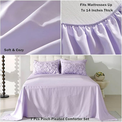Lavender Pinch Pleat Comforter Set Queen Size-7 Pieces Bedding Comforter Bed in A Bag-Lightweight Microfiber Bedding Set with Comforter,Fitted Sheet,Flat Sheet and Pillow Shams-90 x90
