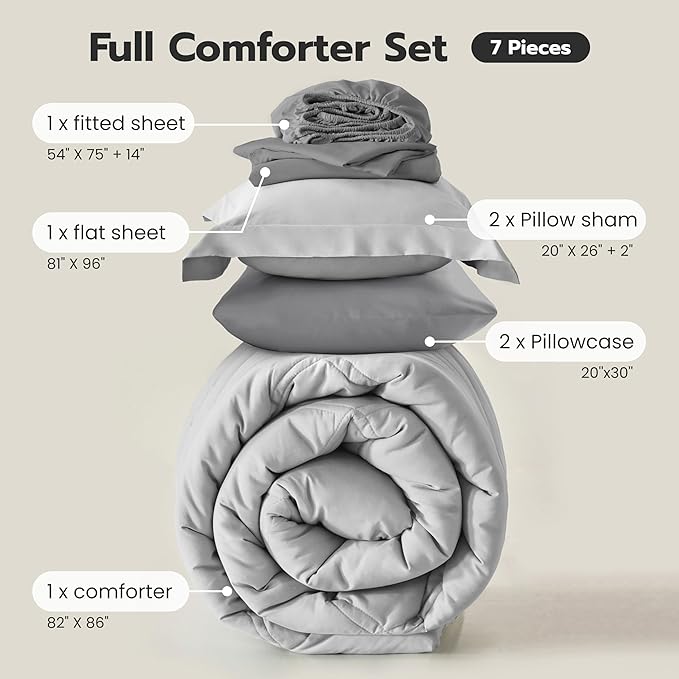 Joiedomi Full Size Comforter Set with Sheets Light Grey, 7 Pieces Full Size Bed Set with 1 Down Alternative Comforter, 1 Flat Sheet, 1 Fitted Sheet, 2 Pillowcases and 2 Pillow Shams, Bed in a Bag