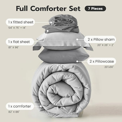 Joiedomi Full Size Comforter Set with Sheets Light Grey, 7 Pieces Full Size Bed Set with 1 Down Alternative Comforter, 1 Flat Sheet, 1 Fitted Sheet, 2 Pillowcases and 2 Pillow Shams, Bed in a Bag