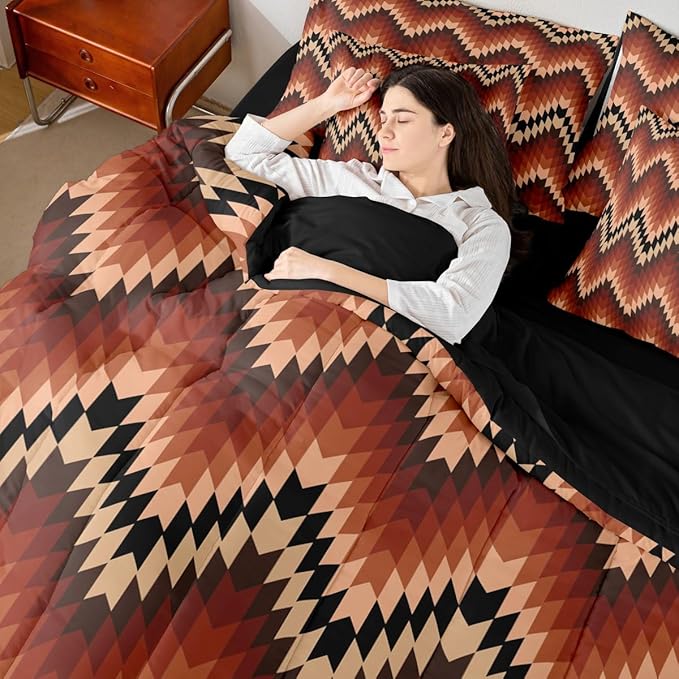 Erosebridal 7 Piece Aztec Native Bedding Set Full Exotic Brown Western Comforter Set Tribal Geometric Southwestern Bed in A Bag for Kids Boys Men Vintage Bohemian Stripes Quilt with Flat Fitted Sheet