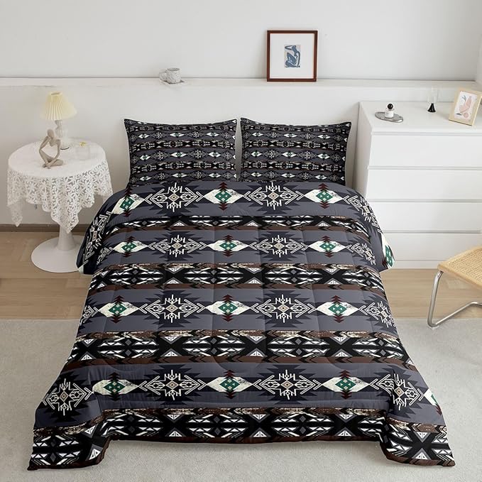Erosebridal Western Decor,Vintage Exotic Indian Geometric Bedding Set Boho Comforter King,Ethnic Tribal Arrow Quilt Aztec Duvet Insert,Western Home Decor Rustic Farmhouse Bedroom Grey,Multi 21