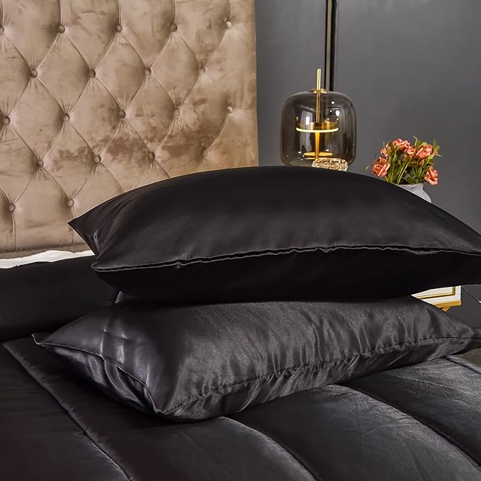 Dreamer Silk Like Black Satin Comforter Set - Queen Size, Silky Microfiber Filling, Down Alternative, Luxury Silky Bed Comforter 1 Comforter 2 Pillowcases
