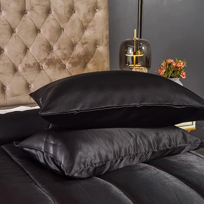 Dreamer Silk Like Black Satin Comforter Set - Queen Size, Silky Microfiber Filling, Down Alternative, Luxury Silky Bed Comforter 1 Comforter 2 Pillowcases