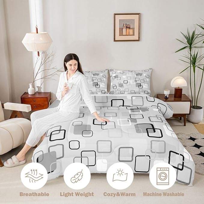 Erosebridal Gray Abstract Squares Bedding Set Full Modern Aesthetic Geometric Comforter Set for Kids Girls Boys Minimalist Striped Down Comforter Boho Neutral Plaid Quilt Duvet