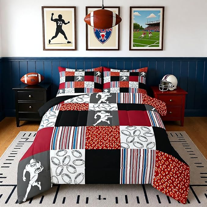 Feelyou Football Kids Comforter Set Full Size Rugby Sports Bedding Set Soccer Ball Game Duvet Quilt for Kids Boys Girls Bedroom Gift for Football Lover Decor Orange Red Ultra Soft Breathable