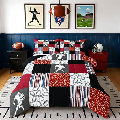 Feelyou Football Kids Comforter Set Twin Size Rugby Sports Bedding Set Soccer Ball Game Duvet Quilt for Kids Boys Girls Bedroom Gift for Football Lover Decor Orange Red Ultra Soft Breathable