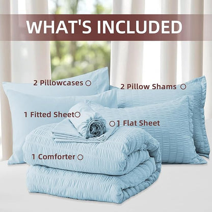 FUANNA Queen Comforter Set 7 Pieces, Luxury Seersucker Bed in a Bag Queen Size for All Seasons, Soft Bedding Set with Comforter, Flat Sheet, Fitted Sheet, Pillowcases & Shams for Bedroom, Light Blue