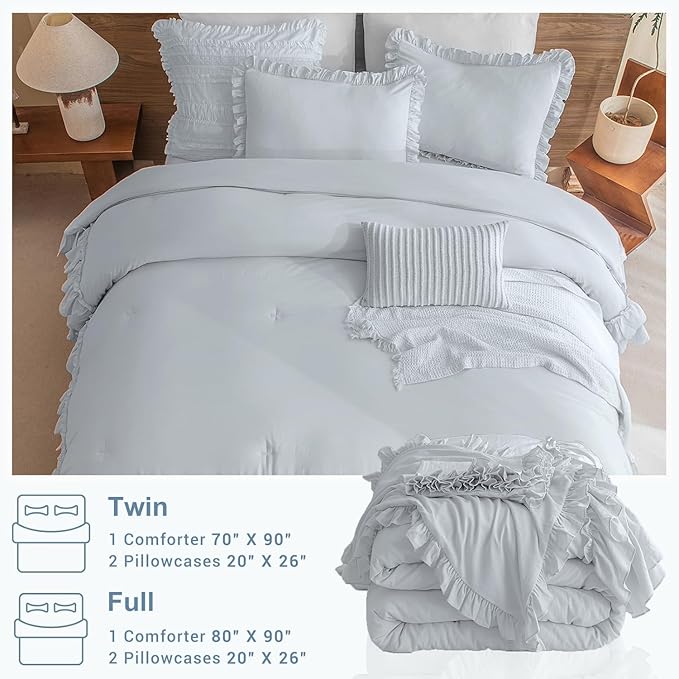 Masaca Twin Comforter with Ruffles,Shabby Boho Chic Ruffled Comforter Set Farmhouse Rustic Twin Bedding Sets 3-Piece（1 Light Blue Comforter and 2 Pillowcases）