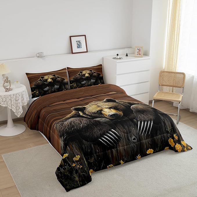 Feelyou Kids Bear Comforter Set Full Size Rustic Cabin Country Bedding Set for Boys Girls Wood Farmhouse Comforter Adult Duvet Set,1 Comforter+ 2 Pillow Shams,Brown Yellow