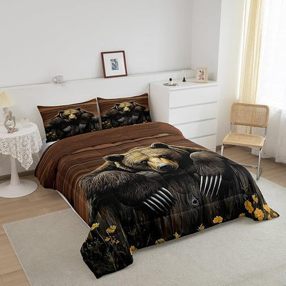Feelyou Kids Bear Comforter Set Queen Size Rustic Cabin Country Bedding Set for Boys Girls Wood Farmhouse Comforter Adult Duvet Set,1 Comforter+ 2 Pillow Shams,Brown Yellow