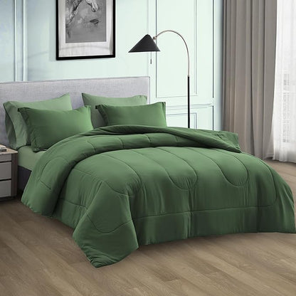 Maple&Stone Full Size Comforter Set 7 Pieces Bed in a Bag - Down Alternative Bed Set with Sheets, Pillowcases & Shams, Soft Reversible Duvet Insert, Olive Green