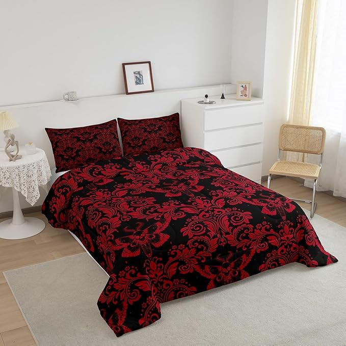 Feelyou Adults Red Vintage Damask Floral Comforter Set Oriental Antique Comforter Twin Size Gothic Bohemia Boho Flower Bedding Set Gothic Skull Duvet Set Quilt Set 2Pcs