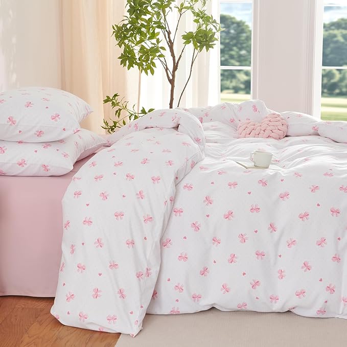 Nayoroom Pink Bow Comforter Set Full Size Heart Bowknot Printed Cute Comforter 3 Pieces Soft Lightweight Kids Girls Dorm Bedding Set for All Seasons