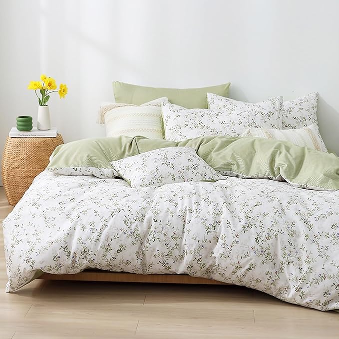 Botanical Cotton Comforter Twin Size - Tender Green Comforter Printed with Leafy Branches & Purple Stamens on Off-White,Reversible Lightweight Bedding Sets 2Pcs