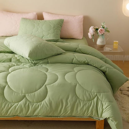 CLOTHKNOW Green Twin/Twin XL Comforter Set 3Pcs Daisy Puff Bedding Comforter Sets Boho Floral Bedding Sets Soft Green Bed Comforter Sets Twin