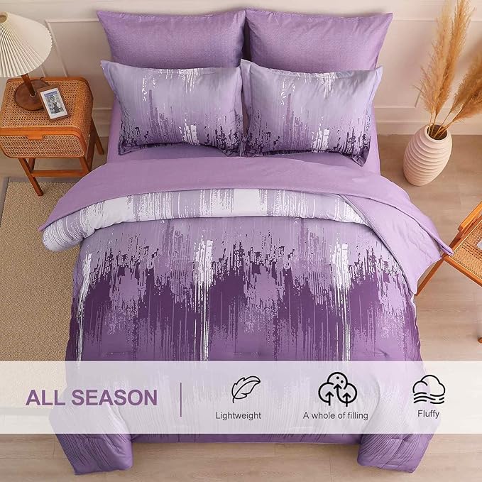 WONGS BEDDING Comforter Set Queen, Ombre Purple 7 Pieces Bed in a Bag Colorful Abstract Art Gradient Comforter Soft Microfiber Bedding Set with Flat Sheet, Fitted Sheet, Pillow Shams, Pillowcases