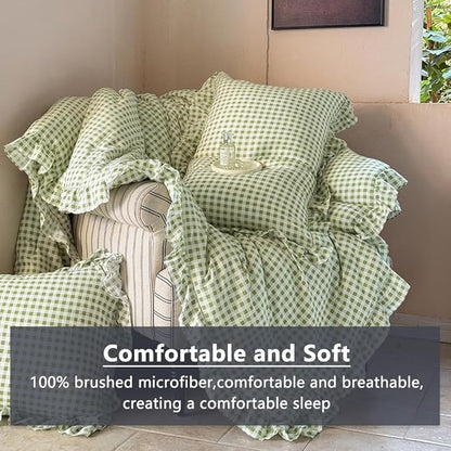NSNLGSGC Sage Green Ruffle Gingham Comforter Set Queen, Pre-Washed Ruffled Plaid Checked Comforter Bedding, 3 Pieces Vintage Farmhouse Grid Bedding Set(Green Gingham, Queen)