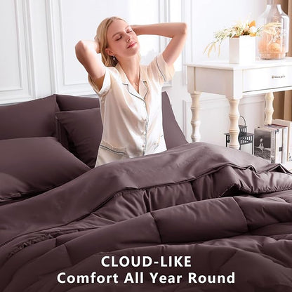 CozyLux Queen Size Comforter Sets Cocoa Powder, 7 Pieces Bed in a Bag, Cocoa Powder Comforter Queen Size, All Season Bedding Sets with Stitch Quilted Comforter, Flat Sheet, Fitted Sheet, Pillowcases