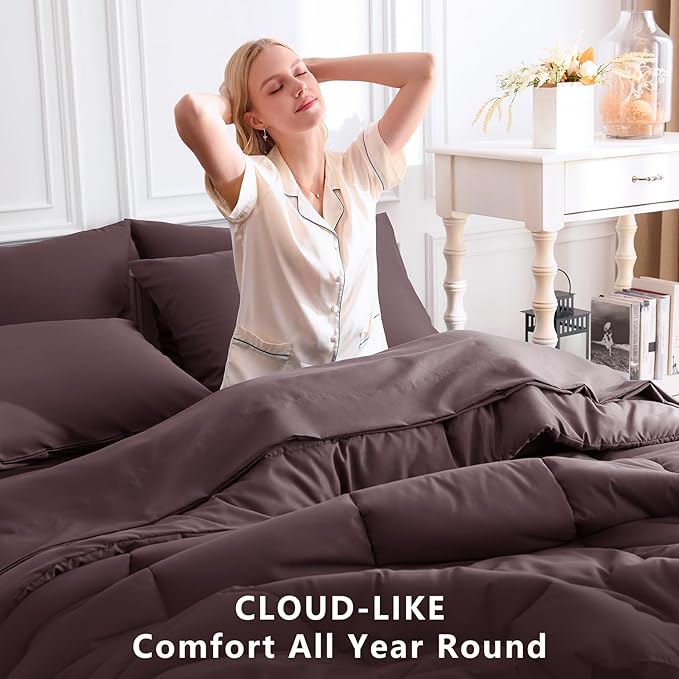CozyLux King Size Comforter Set Cocoa Powder, 7 Pieces Bed in a Bag, Cocoa Powder Comforter King Size, All Season Bedding Sets with Stitch Quilted Comforter, Flat Sheet, Fitted Sheet, Pillowcases