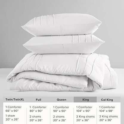 Comfort Spaces White King Size Comforter Set - 3 Piece Pintuck Pleated Bedding Set, All Season Lightweight, Extra Softness Pre-Washed Microfiber Bed Set, Shams