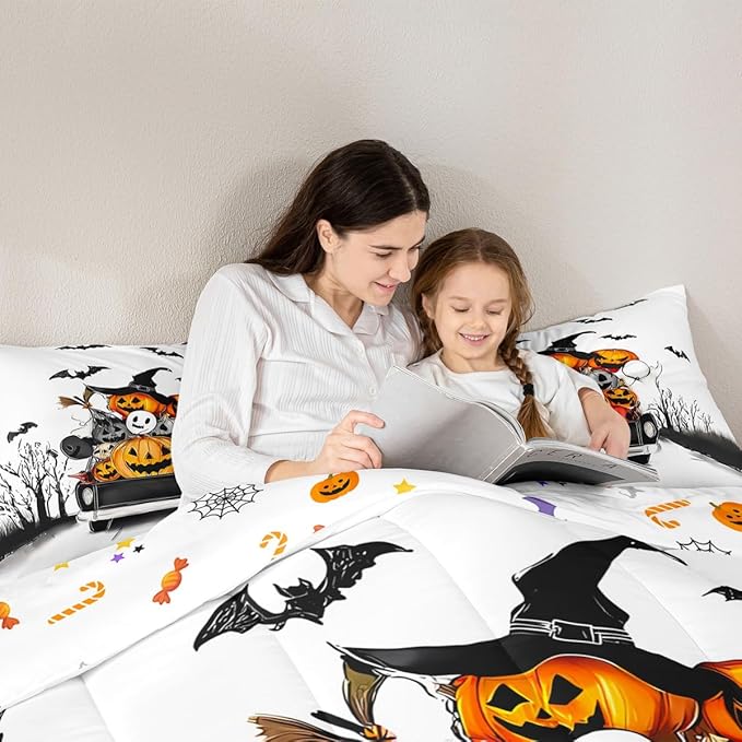 Erosebridal Halloween Decorations Comforter Set, Halloween Pumpkin Bedding Set King for Kids Boys Teens Men Gothic Room Decor, Fall Pumpkin Comforter, Black Bat Ghost Orange White Black Quilt