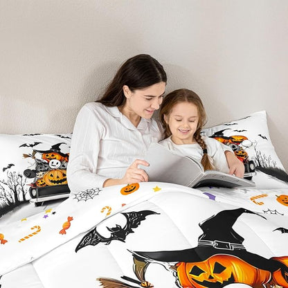 Erosebridal Halloween Decorations Comforter Set, Halloween Pumpkin Bedding Set Full for Kids Boys Teens Men Gothic Room Decor, Fall Pumpkin Comforter, Black Bat Ghost Orange White Black Quilt