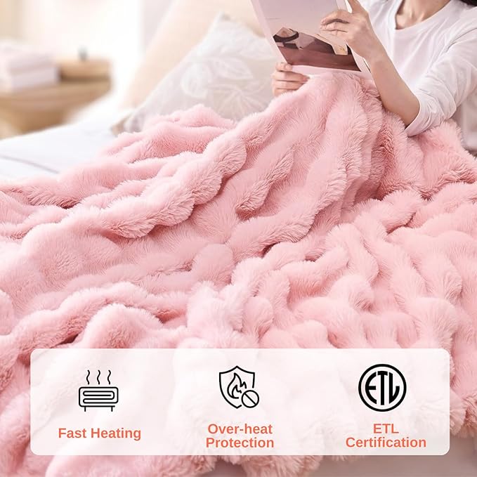 Electric Heated Blanket Throw 50"x60" Pink Ultra Soft Luxury Fluffy Faux Rabbit Fur Machine Washable 6 Heat Settings 4 Hours Auto Off Overheat Protection for Home Office Use