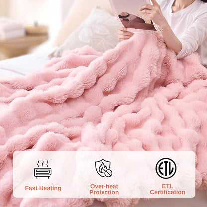 Electric Heated Blanket Throw 50"x60" Pink Ultra Soft Luxury Fluffy Faux Rabbit Fur Machine Washable 6 Heat Settings 4 Hours Auto Off Overheat Protection for Home Office Use
